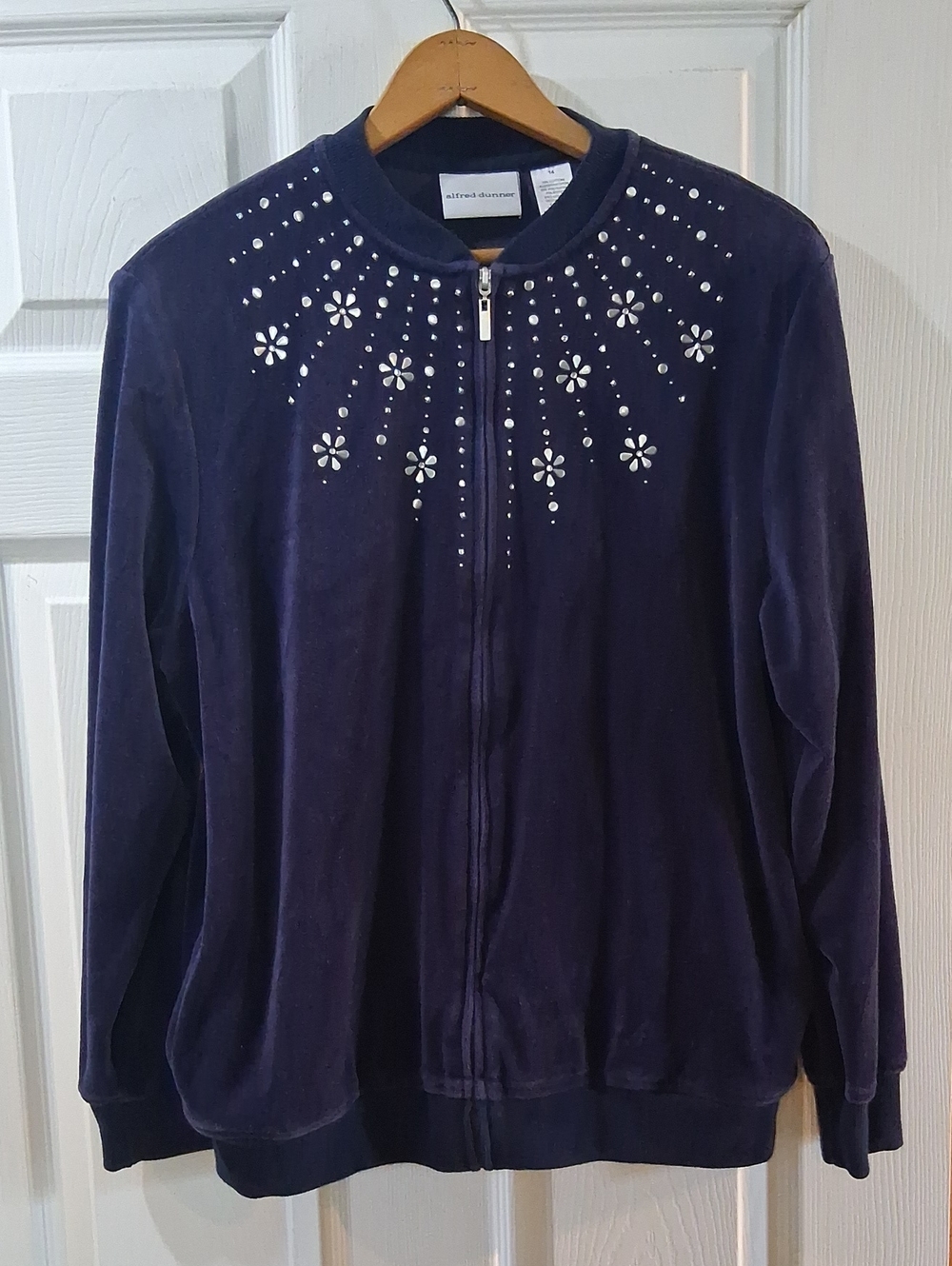Alfred Dunner Navy Velvet Zip Bomber with Rhinestone Floral Neck